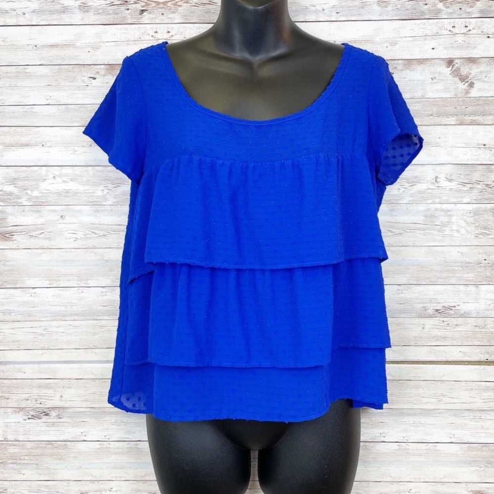 American Eagle Royal Blue Tiered Ruffle Short Sleeve Blouse